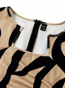 Ellevyn Women Asymmetrical Neck Waist Ruched Pencil Dress, Body-Sculpting, Sleeveless, Ripple Strip Khaki & Black Short A-Line Dress Business Casual Woman - Multicolor - View 14