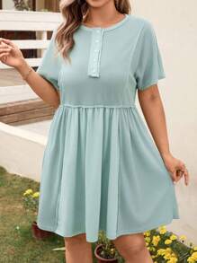 SHEIN LUNE 女士加大码纯色圆领短袖休闲连衣裙女式夏季服装女式夏季连衣裙度假服装女式加大码女装波西米亚风迷你连衣裙母亲节 - 薄荷綠 - 查看 5
