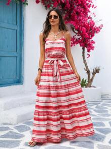 Vivid Eden Woven Stripe Print Spaghetti Strap Dress For Women,Summer Maxi Dress Women, , Boho Dresses For Women, Summer Dresses For Women Vacation, Beach Dresses For Woman,Boho Vacation Dress