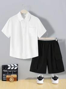 SHEIN Set de 2 bucăți Tween Boy, cămașă și pantaloni cargo, lejer - alb - Vizualizare 6