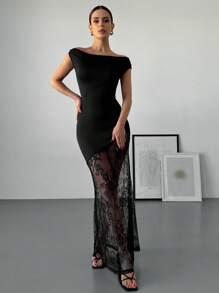 Firerie 女士优雅浪漫时尚办公室女士性感优雅风格连衣裙，适合派对、度假、浪漫约会和婚礼生日场合情人节。黑色蕾丝拼接长裙 - 黑色 - 查看 4