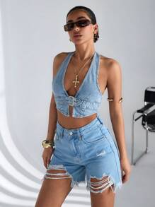 RueChic Buckle Detail Backless Halter Neck Crop Denim Top - Light Wash - View 4