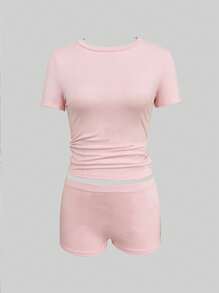 INAWLY 2pcs/Set Women Solid Color Round Neck Short Sleeve T-Shirt And Shorts - Pink - View 5