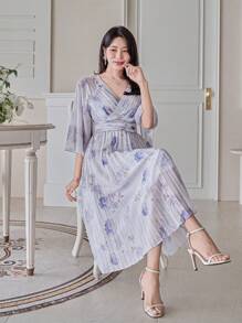 DAZY Váy midi xếp ly cổ chữ V dành cho nữ có họa tiết hoa toàn thân - Màu tím hoa cà - Xem 8