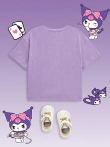 HELLO KITTY AND FRIENDS | SHEIN 年轻女孩卡通印花休闲百搭针织短袖 T 恤 - 紫色 - 查看 2