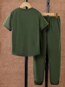 SHEIN Tween Boys' Simple Printed Round Neck Short Sleeve Top And Long Pants 2pcs Outfit