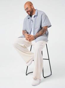EASEVO 大码男士宽松休闲编织蓝白竖条纹短袖衬衫 - 藏蓝色 - 查看 5