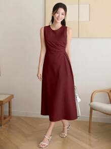 DAZY Vestido midi plisado sin mangas de color liso para mujer, vestido de verano
