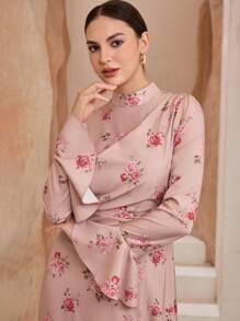 Graceveil Arab Ditsy Floral Stand Collar Ruffle Hem Fitted Dress For Women,Modest - Pink - View 7