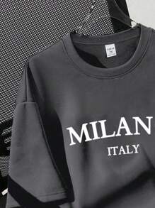 SHEIN EZwear 超大款 MILANO 英文图案圆领短袖 T 恤，休闲宽松女款，适合夏季 - 深灰色 - 查看 3