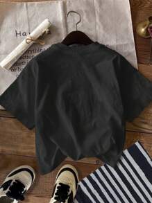 SHEIN EZwear Áo thun tay ngắn cổ tròn dáng rộng họa tiết đêm đầy sao Van Gogh màu đen dành cho nữ, phù hợp cho mùa hè - màu đen - Xem 2