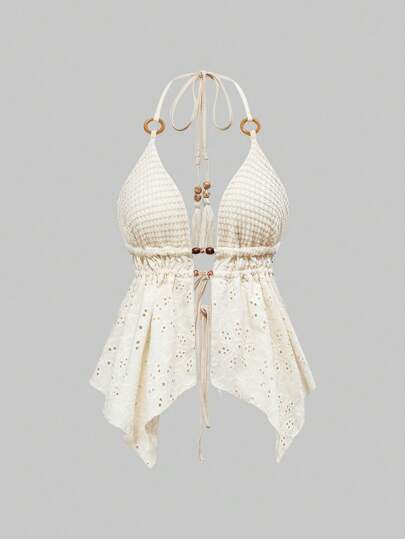 Hippie Y2K Resort Retro Style Wooden Bead Decor Women's Backless Spaghetti Strap Top