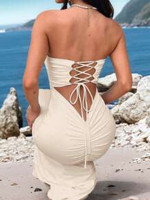 Opulessa Summer Vacation Outfits Woman Beach Bohemian Boho Festival Wedding Party Elegant Sexy Formal Bridesmaid Birthday 1pc Women's Solid Color Knitted Backless Tie-Up Bodycon Dress,Mermaid Mermaid Dress For Wedding Guest, Prom Outfits - Apricot - View 7
