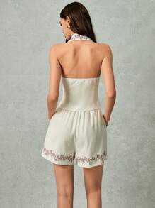Poéselle 2pcs/Set Women Floral Pattern Lapel Neck Halter Top And Shorts Set - White - View 2