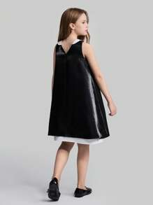 Ontre Vestido pullover sencillo y versátil para niñas preadolescentes de primavera/verano, con cuello acanalado, espalda en V, línea A, adorno floral en el frente de satén, para salidas, hogar, escuela y fiestas - Negro - Ver 2