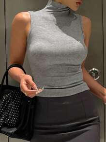 DAZY Áo ba lỗ không tay bó sát cổ cao cho nữ - Màu Xám nhạt - View 5