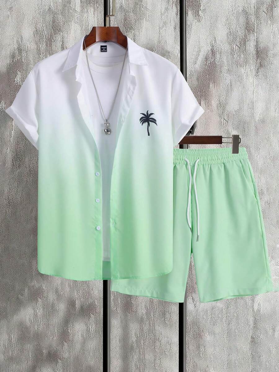 Manfinity Chillmode 2pcs Men's Palm Tree Print Short Sleeve Shirt And Shorts Beach Vacation Casual Set Men Clothes Set Summer - Mint Green - View 1