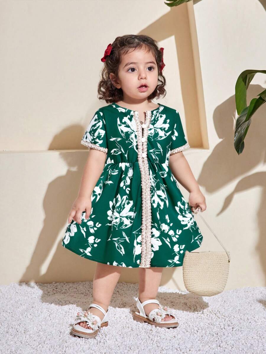 Baby Girl Summer Short Sleeve Ruffle Buttoned Placket Print Casual Dress, Comfortable For Outdoor & Holiday - Green - View 1