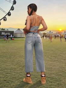 SHEIN PETITE Women's Ripped Jeans Low-Rise Design Retro Y2K Music Festival Outfits Summer Jeans - Light Wash - View 2