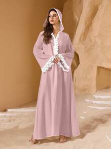 Al Najma Elegant Flared Sleeve Front Floral Lace Decor Maxi A-Line Arabian Dress, Spring/Summer,Modest - Pink - View 3
