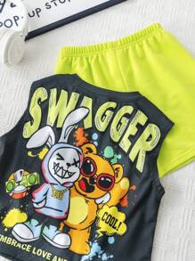 SHEIN 2pcs Baby Cartoon Animal Print Knit Soft Round Neck Drop Shoulder Pullover Top And Elastic Waist Shorts Set, Suitable For Sporty, Casual, Outdoor Wear For Spring/Summer