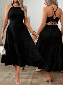 SHEIN Clasi Plus Size Women Solid Color Criss-Cross Back Casual Cami Dress - Black - View 1