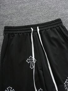 SHEIN Manfinity Dauomo Men's Cross Print Drawstring Waist Regular Fit Casual Shorts