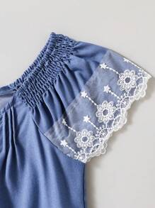 SHEIN Young Girl Lace Trim Off Shoulder Simple Fashion Jumpsuit, Suitable For Summer - Medium Wash - View 5