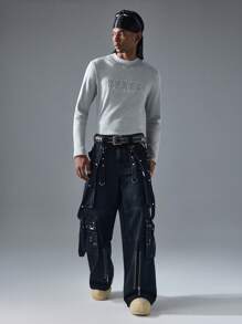 NEON BLANC Men's Street-Style Knit Letter Embroidered Round Neck Long Sleeve T-Shirt Cotton - Grey - View 1