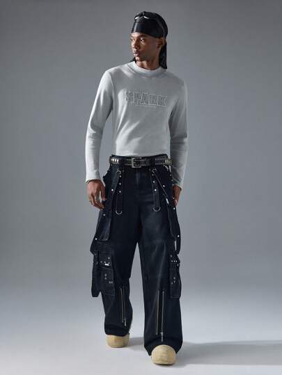 NEON BLANC Men's Street-Style Knit Letter Embroidered Round Neck Long Sleeve T-Shirt Cotton