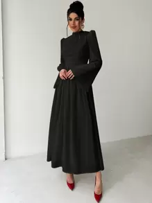 Firerie 女士优雅休闲简约浪漫迷人通勤白色 A 字长裙，荷叶边喇叭袖和收腰，适合派对、正式场合 - 黑色 - 查看 3