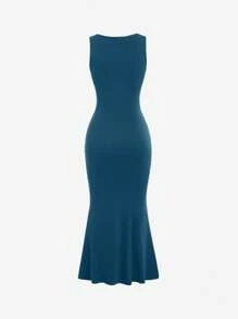 Sweetra 女士方领褶皱无袖连衣裙 酒红色长款女装 - 水鴨藍 - 查看 2