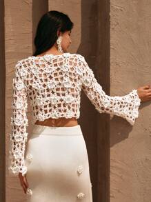 Anewsta Vacation Style 3D Floral Sexy Hollow Out Cropped Knit Top, Spring/Summer - White - View 2