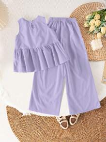 Ensemble d'été pour femme composé d'un Top col rond sans manches ample de couleur unie et d'un pantalon ample à taille élastiquée et jambes larges de couleur unie, pour un style décontracté minimaliste et quotidien