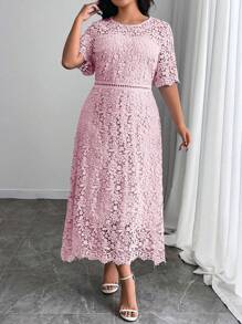 SHEIN Clasi Đầm ren hoa cổ tròn tay ngắn thanh lịch cho nữ cỡ lớn - Màu Hồng baby - Xem 4