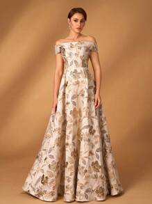 Serin Elegant And Luxurious Champagne Gold Jacquard Satin One-Shoulder Pleated Large A-Line Suitable For Dinner Bachelorette Party Dance Music Festival Holiday Wedding Event Dinner Dress Bride Mother Dress - Champagne - View 4