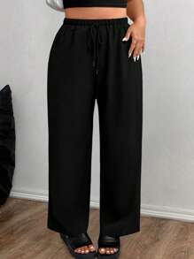 SHEIN LUNE Pantalones largos informales minimalistas de diseño arrugado para mujer de talla grande