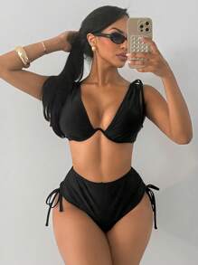 Swim SXY 2pcs Women Knitted Solid Color Black Thick Strap Push Up Bikini Top And High Waisted Drawstring Swimwear Bottom