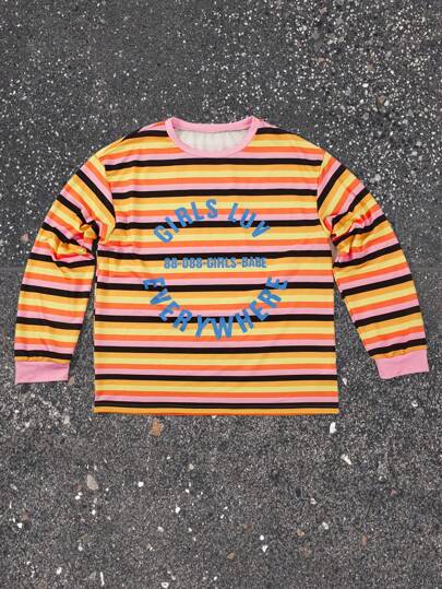 Men's Casual Portrait Colorblock Letter Print Striped Crew Neck Sweatshirt