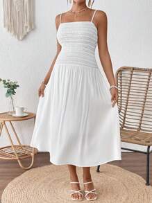 SHEIN White Boho Maternity Dress: Shirred Spaghetti Strap Midi Dress, Knee Length Casual Summer Dress For Women - White - View 3