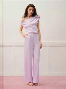 MOTF PREMIUM TOP ASIMÉTRICO DE CUELLO CON ESTAMPADO FLORAL ESTÉREO Y PANTALONES - Rosa Pálido - Ver 4