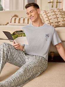 Men Palm Tree Short Sleeve T-Shirt And Shorts Pajamas Set - Multicolor - View 1