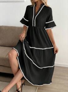 Breezaya 女士度假风 3D 荷叶边装饰连衣裙 - 黑色 - 查看 3