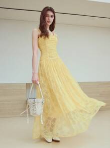MOTF STUDIO LACE GATHERED FLOWY CAMI DRESS - Yellow - View 4