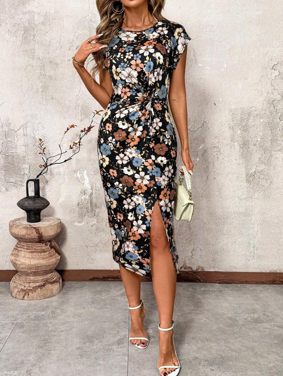 SHEIN Clasi 收腰扭结 V 领开衩下摆女式连衣裙 - 黑色 - 查看 1