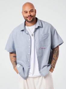 EASEVO 大码男士宽松休闲编织蓝白竖条纹短袖衬衫 - 藏蓝色 - 查看 4