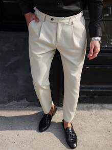 Manfinity Mode Calças de terno masculinas plus size minimalistas e elegantes, adequadas para o verão - Damasco - Ver 4