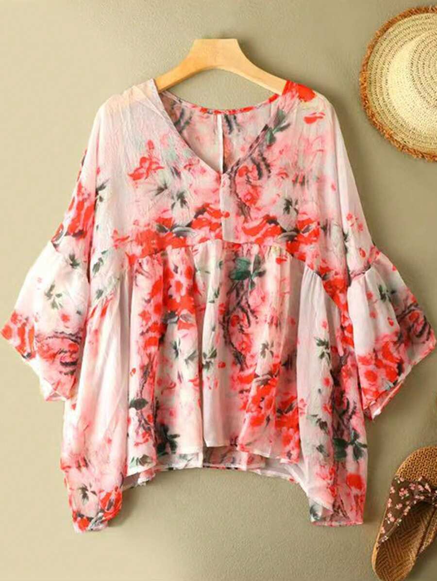 SHEIN Women's Loose V-Neck Printed Blouse, Spring & Summer - Hot Pink - View 1