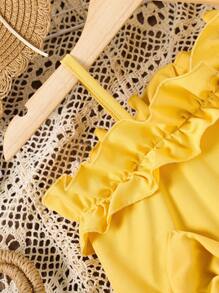 SHEIN 年轻女孩夏季不对称不对称领口连体裤，重磅刺绣蝴蝶网眼拼接连体裤，度假沙滩连体裤，儿童夏季服装 - 黃色 - 查看 4