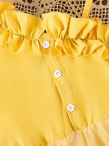 SHEIN 年轻女孩夏季不对称不对称领口连体裤，重磅刺绣蝴蝶网眼拼接连体裤，度假沙滩连体裤，儿童夏季服装 - 黃色 - 查看 6